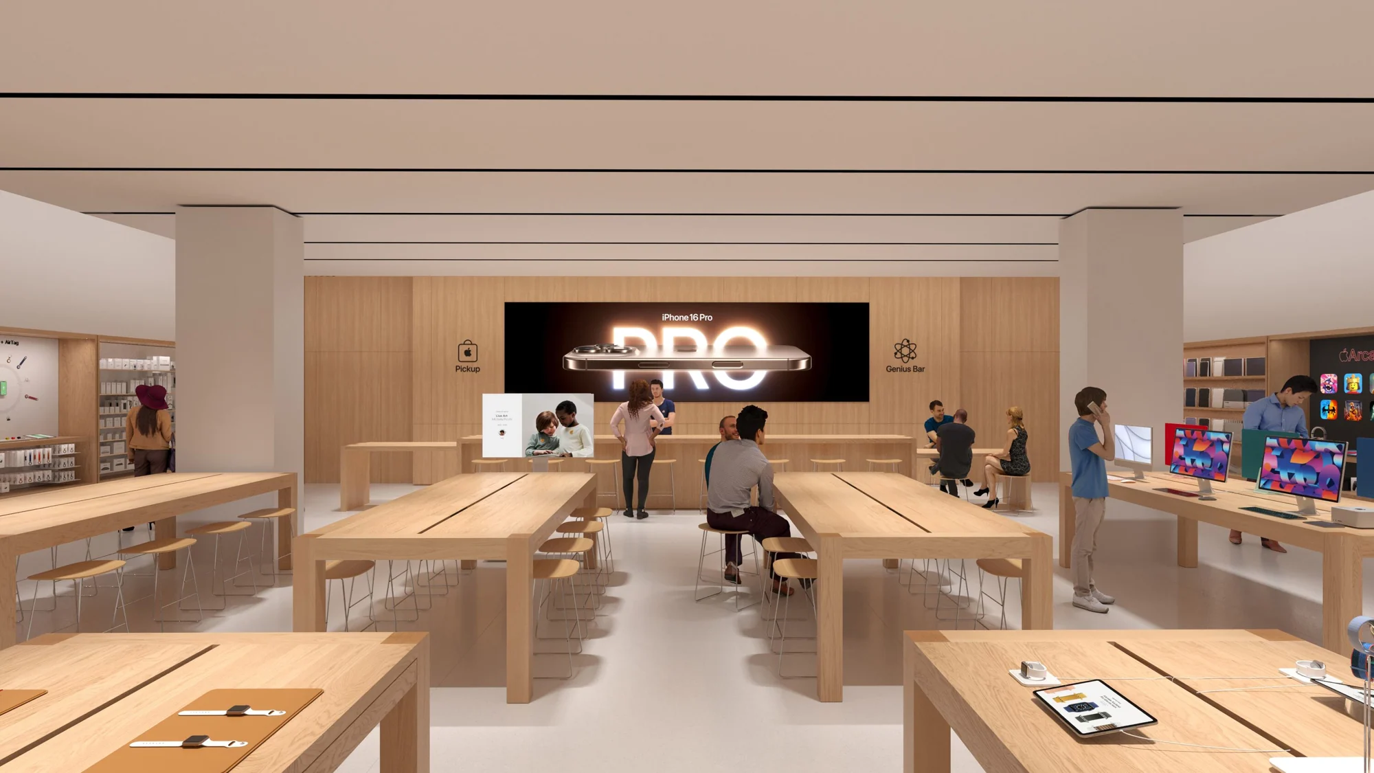 Apple retail interior with iPhone 16 Pro signage and Pickup and Genius Bar wayfinding